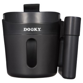 Dooky 2-in-1 Cup and Phone holder for Pram, Anti-Slip Rubber-Padded Layer for Extra Stability, Universal Fit, Adjustable Velcro Strap, 360 Degree Flexibility, BPA Free, Unbreakable, Shockproof, Black