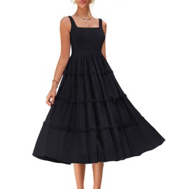 Summer Flowy Dresses for Women Midi Tulle Wedding Guest Fairy Dress Sleeveless Square Neck Ruffle Casual Dress Black L