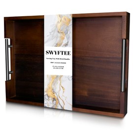 Swyftee Serving Tray with Handles – 17 x 12 x 2 Inch Dark Brown Acacia Wood Ottoman Tray Table Trays Decorative – Coffee Tray Wood Decor for Kitchen – Breakfast in Bed Tray with Silver Metal Handles