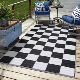 Outdoor Rug - Folded Design - Recycled Plastic Mat for Patio, Camping, Beach, Balcony, Porch, Deck - Weather, Water, Stain, Lightweight, Fade and UV Resistant - California- Black & White (9'x12')