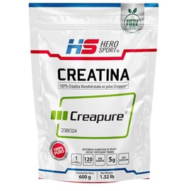 HEROSPORTS | Creatina Monohidratada Creapure® 600g. 100% Pura. Solo 1 Ingrediente Creatina Alemana Creapure®. Vegana, Sin Azúcar, 120 porciones, 5g por porción, Incluye Scoop. Pure. Proven. Perfect