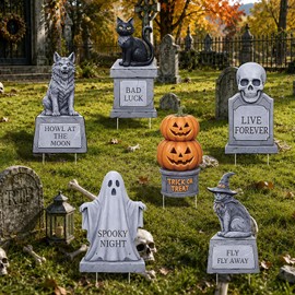 6PCS Halloween Outdoor Graveyard Signs Decorations Halloween Pet Cemetery Tombstones Yard Signs with Stakes Plastic Ghost Pumpkin Skull Cat Wolf Headstone Lawn Signs for Haunted House Mansion Supplies