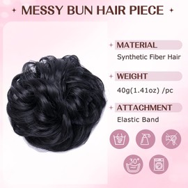 S-noilite Hairpiece with Elastic Band, Large Bun Hairpiece, Hair Extension, Wavy Curly, Messy Bun Ponytail for Women and Girls, 40 g, Black