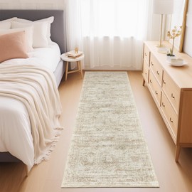 Restydon Rug Runners for Hallways Non Slip - 2x8 Runner Rug for Bedroom, Washable Runner with Rubber Backing, Soft Low-Pile Carpet for Kitchen, Laundry, Bathroom (2'x8', Beige/Ivory)