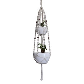 Macrame Plant Hanger & Holder, Hanging Planter 4 Legs Double Deck for 8 inch to 12 inch Two Pots Indoor Outdoor Hanging Planter Basket Hemp Rope 68 Inch Without Pot and Plant (Ivory White)