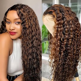 Aimking 13x6 Highlight Ombre Lace Front Wig Human Hair Wigs For Women 180% Density 1B/30 HD Deep Wave Lace Frontal Wigs Curly Highlight Brown Wig Human Hair Pre Plucked With Baby Hair Colored 20 Inch
