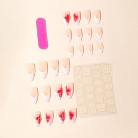 White French Tip Press on Nails Medium Almond Fake Nails Fall Glue on Nails Full Cover Acrylic Nails Flower False Nails Glossy Artificial Nails Reusable Stick on Nails for Women Manicure 24Pcs