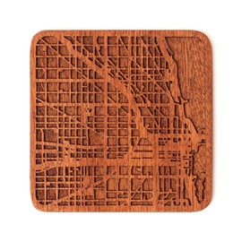 Chicago Map Coaster by O3 Design Studio, 1 piece, Sapele Wooden Coaster With City Map, Handmade, Multiple city optional