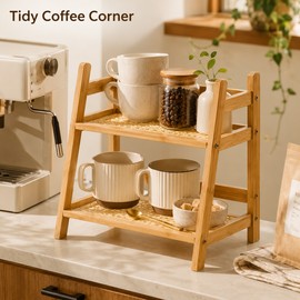 Bamboo Countertop Organizer for Coffee & Kitchen Storage - 2-Tier Shelf for Mugs, Spices, Vanity & Small Spaces