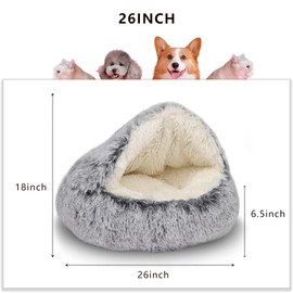 ShinHye Cat Bed Round Plush Fluffy Hooded Cat Bed Cave, Cozy for Indoor Cats or Small Dog beds, Soothing Pet Beds Dog Cave Bed - Waterproof Bottom Washable, (26×26inch, Grey)