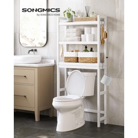 SONGMICS Over The Toilet Storage, 3-Tier Over Toilet Bathroom Organizer with Adjustable Shelf, 10.2 x 24.8 x 66.9 Inches, Space-Saving, Cloud White UBTS01WT