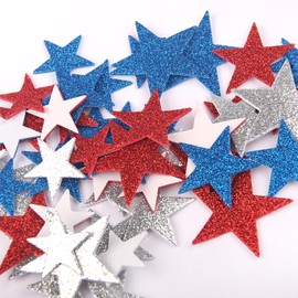 Glitter Star Foam Stickers Patriotic Decoration Self Adhesive Stars Shape Glitter Stickers for 4th of July Decor Kid's Arts Craft Supplies Greeting Cards Homemade Crafts Red Blue Silver