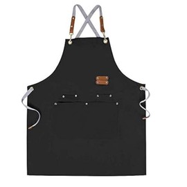 Delantal de chef Mignongirl - Delantal cruzado para hombres y mujeres con correas ajustables y bolsillos grandes, de lona, M-XXL, negro