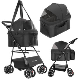 CHIHUAHUA 2-in-1 Foldable Pet Stroller with Canopy, 4 Wheels Pet Strolling Cart for Small/Medium Dogs and Cats with Removable Carrier,Breathable Mesh,Mom Tote Bag,Cup Holders,Easy Assembly,Black