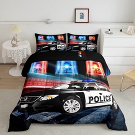 Feelyou Kids Police Car Toddler Bedding Set Policeman Boys Comforter Set for Adults Girls Black The Polica Vehicle Comforter Automobile Car Decor Quilt Set with 1 Pillowcase 2Pcs Bedding Twin