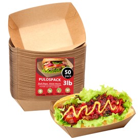 PULOSPACK 50 Pack 3lb Heavy Duty Kraft Leak Proof Paper Food Boats Disposable Nacho Trays Extra Large Food Serving Holder for Chips, Hot Dogs, Popcorn, Snacks, BBQ, Party, Picnic, Wedding