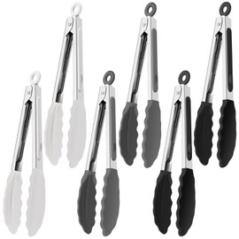 xlehoely 6 PCS Silicone Tongs,Cooking Tongs with Silicone Tips,7 Inch Stainless Steel Silicone Kitchen Tongs,Heat Resistant Non-Stick Silicone Tongs for Cooking Grilling Salad,BBQ Tongs with Locking