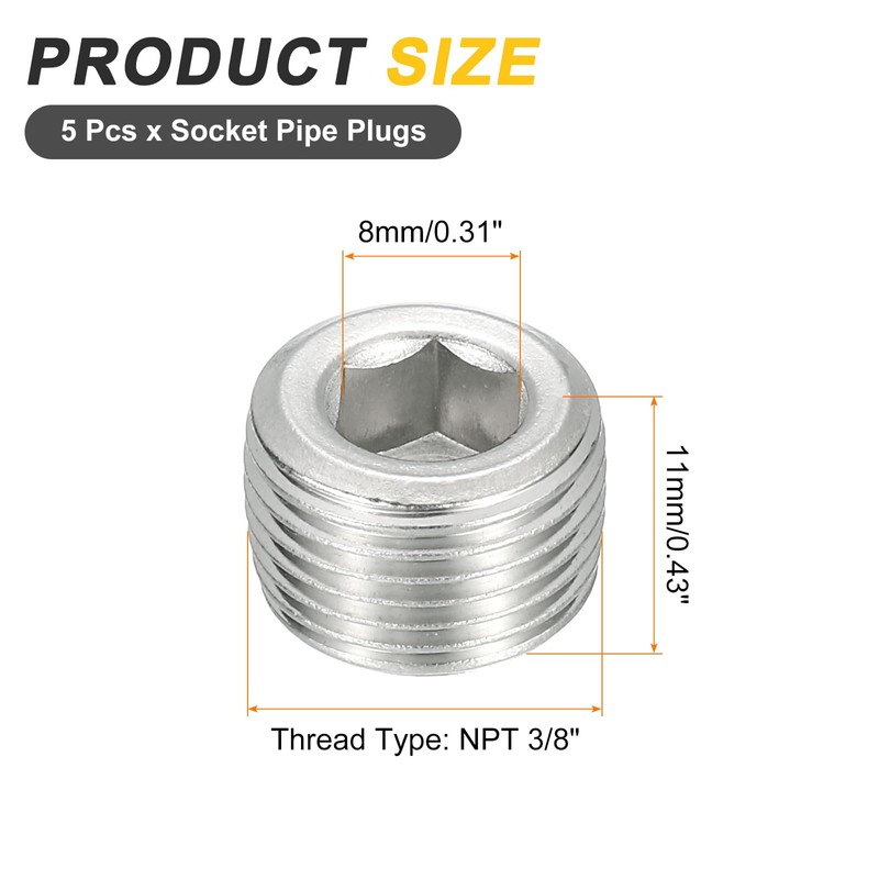sourcing map 5Pcs Male Thread Socket Pipe Plugs, NPT 3/8"