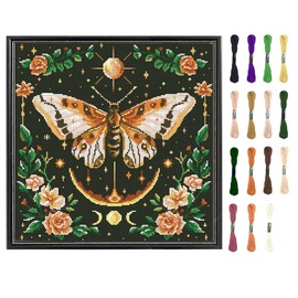 FREEBLOSS 11CT Cross Stitch Kits for Adults Moth Pattern Printed Cross Stitch Kits for Beginners Wall Hanging Kit Embroidery Needlepoint Kit Home Decor 45x45cm