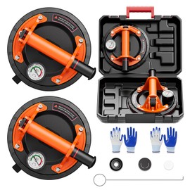 SPECILITE 8" Heavy Duty Glass Suction Cups 2 Pack with Pressure Gauge for Lifting Large Tile, Marble, Windows, 880 lbs Load Capacity, Industrial Vacuum Lifter with Handle, Carrying Case, Gloves,Orange