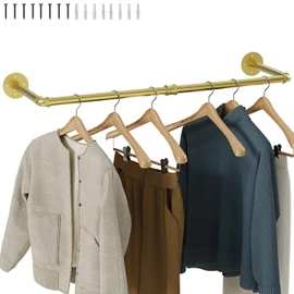RSFMAS Wall Mounted Clothes Rack, Industrial Pipe Clothing Hanger 36 Inch Gold, Heavy Duty Wall Mount Closet Rod for Bedroom, Entryway, Laundry Drying Rack, Retail Display Clothes Rod