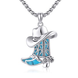 URONE Cowboy Boot Hat Necklace 925 Sterling Silver Cowgirl Necklace Turquoise Western Jewelry Gifts