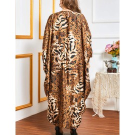 Flygo Women's Batwing Plaid Floral Printed Long Short Sleeves Oversized Maxi Dress Sleep Loungewear (One Size, Brown)