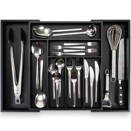budu Silverware Drawer Organizer #15.0" Depth – Black - Utensil Holder, Kitchen Drawer Organizers for Flatware, Cutlery – Perfect Utensil Organizer for Silverware & Other Kitchen Organization Tools
