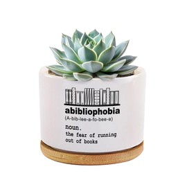 Abibliophobia Definition Book Lover Gifts Ceramic Succulent Plant Pot with Bamboo Tray Round Librarian Reader Home Office Decor Plant Lover 3.5 Inch White
