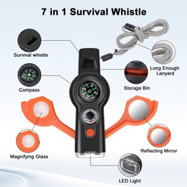 Tyasoleil ​​7-in-1 Emergency Survival Whistle with Lanyard, Safety Whistle with Compass, Fire Starter, Signal Mirror for Outdoor Adventures, Kayaking, Hiking, Camping (2-Pack)​​