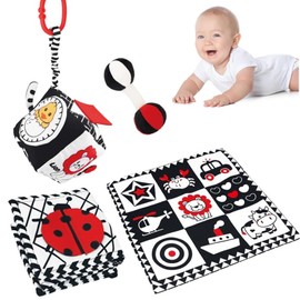 Tailtango Black and White High Contrast Baby Toys, 0-6 6-12 Months Soft Book for Newborn Brain Development, Infant Tummy Time Toys Sensory Crinkle Montessori Toys (4-in-1 Edition)