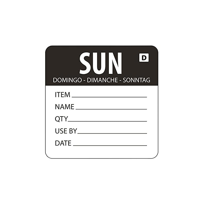 Vogue Black Dissolvable Sunday Labels Sunday. Roll of 250