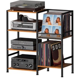 Record Player Stand Table with Vinyl Record Storage Holder-Up to 200+ Albums, Small Media Cabinet Console Table Stereo Stand Tower, Audio Video Shelving/Turntable Stand Shelf for Entertainment Center