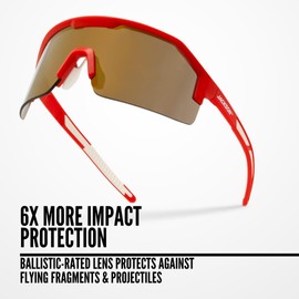 Jackson Safety Maxview+ Safety Glasses - Wraparound Eye Protection for Men & Women - Anti-Fog, Anti-Scratch, Ballistic-Rated, ANSI Z87.1 Compliant - Red Frame with Gold Mirror Lens - Pack of 1