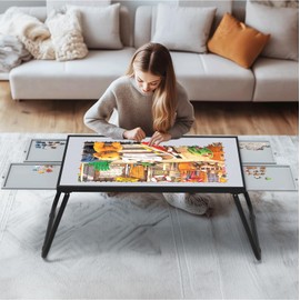 Doerpuz Puzzle Table 1500pcs,Foldable Puzzle Table for Storage with 4 Drawers, Metal & Plastic Frame,U-Shaped Legs, Grey & Black, 15.35 Inch Height
