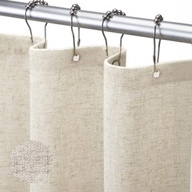Linen Shower Curtain Beige 72x72 Inches, Rustic Farmhouse Waterproof Heavy Duty Fabric Shower Curtain for Bathroom with Hooks, Cream/Natural