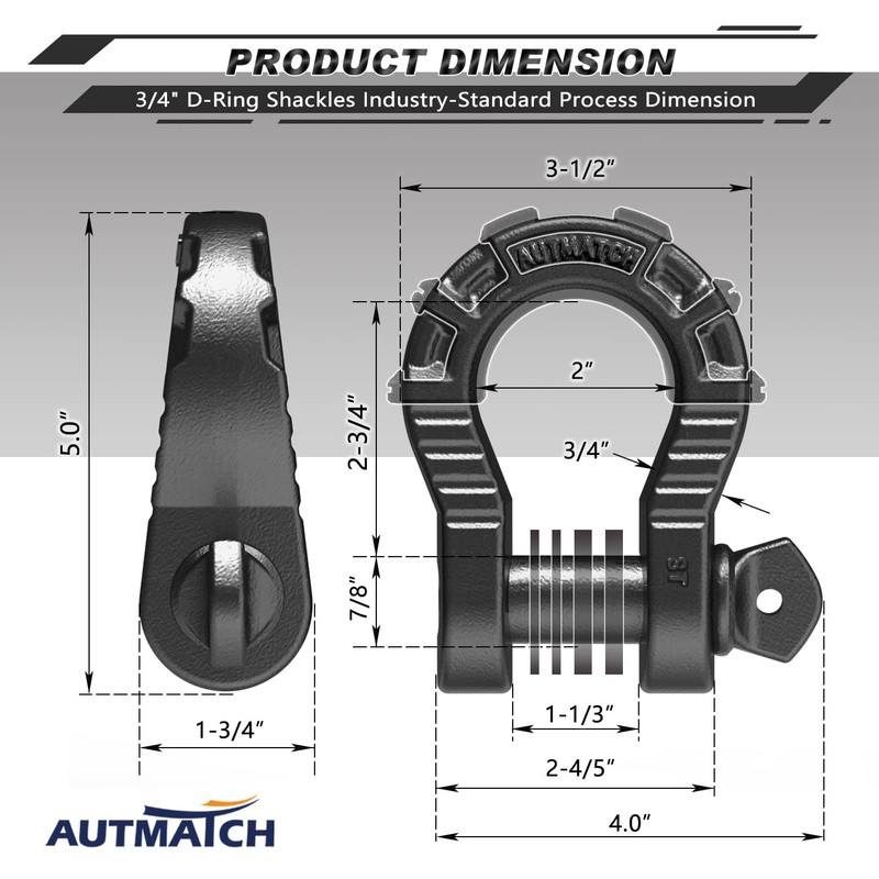 AUTMATCH D Ring Shackles 3/4" Mega Shackle (2 Pack) 68,000Ibs