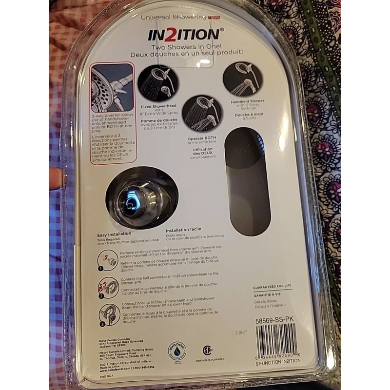 Delta 58569-SS-PK In2ition 2in1 5-Spray Dual Fixed Handheld ShowerHead Stainless