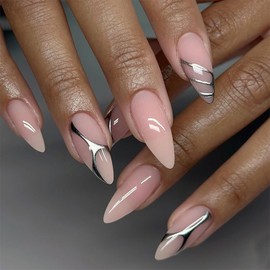 IMRAIN Press on Nails Medium Almond Fake Nails Nude Artificial False Nails with Silver Line Design Full Cover Glossy Glue on Nails Acrylic DIY Nail