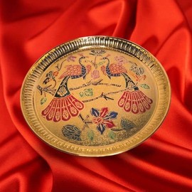 Decorative Peacock Brass Thali Plate Brass Thali Prasad Plate for Pooja Utensils Indian Traditional Festival Housewarming Decorations and Home Decor(Size:- 6")(Golden)