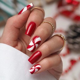 Christmas Press on Nails Medium Square Fake Nails with Red White Candy Stripe Designs Red Nails Press ons Glossy Glue on Nails Christmas False Nails Acrylic Stick on Nails for Women 24Pcs
