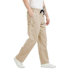 VOGRYE Scrub Pants for Men - Pants with 7 Pockets Waistband, Anti-Wrinkle Scrubs for Men (Large, Khaki)
