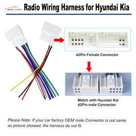 WildTundra 42Pin Black Aftermarket Car Radio Wiring Harness for Hyundai & KIA (Elantra, Sonata, Sorento, etc.) with Radio Antenna Adapter & Speaker Wires