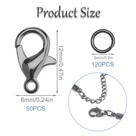 KINBOM 50pcs Lobster Clasp and 120pcs Open Jump Ring, Jewelry Bracelet Connectors Necklace Clasp Bracelet Clasp Jump Rings for Jewelry Making (Clasp: 12x6mm + Ring: 0.7x5mm, Gun Black)