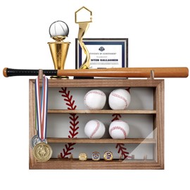 Baseball Display Case 17 x 12, Holder for 20 Balls, 9 Championship Rings, Solid Wood Baseball Box with Lockable Acrylic Door, Bat Rack, Wall Mount Display Cabinet for Collectibles and Trophies