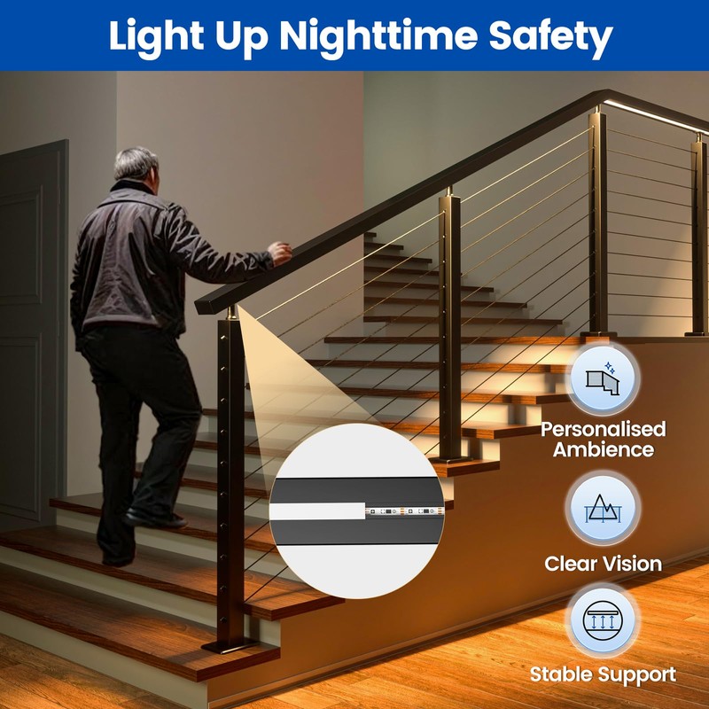 Muzata 6'6" Aluminum Black LED Handrail Rectangular Cable Railing Handrail