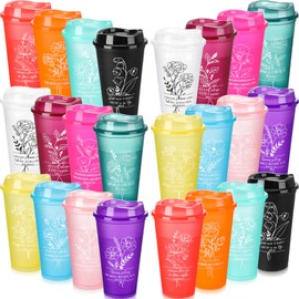 SiliFine 24 Sets Spanish Christian Gifts Bulk for Church Pastor Coffee Cups with Lids 16 oz Reusable Religious Floral Plastic Bible Verse Tumblers for Teacher(Multicolor)