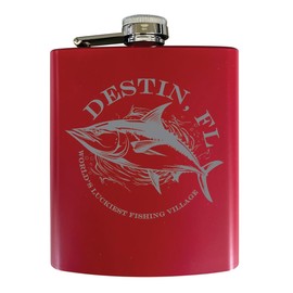 R and R Imports Destin Florida Engraved Design Souvenir 7 oz Engraved Steel Flask Matte Finish Red 2-Pack
