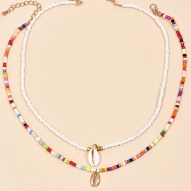 Carufin 2 Pcs Boho Colorful Bead Necklaces Rainbow Shell Necklace Jewelry for Women and Girls