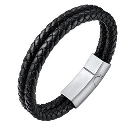 U7 Mens 2-Layer Black Braided Leather Bracelet Bangle Wristband with Stainless Steel Clasp, Length 8.3"